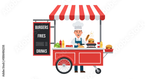 Cheerful Chef Serving Burgers and Fries from a Red Food Cart.