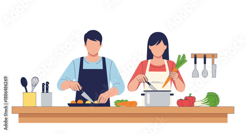 Vector illustration of a man and woman wearing aprons and cooking a meal together in the kitchen.