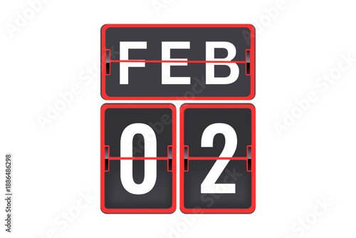 2 February calendar single day, week vector, illustration icon. Red, gray, black, and white color background calendar page vector for of the month January 2