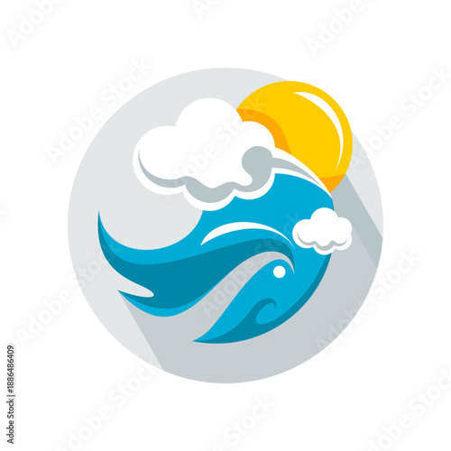 Blue wave sea with sun on gray circle icon flat vector design