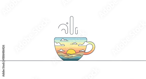 A steaming cup of coffee filled with a vibrant sunrise landscape scene.