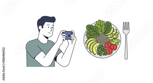 Man taking a photo of a colorful salad with a smartphone.