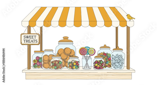 A charming hand-drawn illustration of a sweet treats candy stall with a striped awning and glass jars.