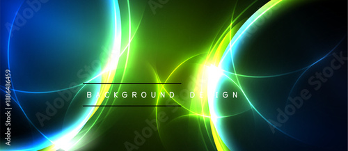 Abstract energy flows, vibrant blue, green hues. Dynamic light streaks create futuristic design. Bold contrast, dark background.