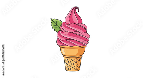 Delicious Swirled Pink Ice Cream Cone with Mint Leaf Garnish.