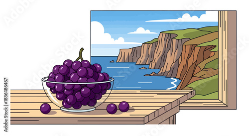 A Bowl of Ripe Purple Grapes on Wooden Table.