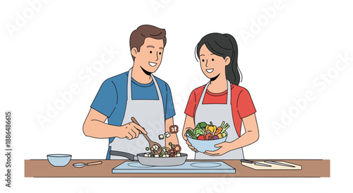 Couple happily cooking together in a kitchen preparing a meal.