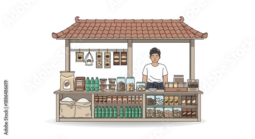 Hand-drawn Asian Street Market Stall with Vendor and Various Products.