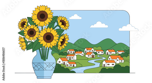 A vibrant bouquet of sunflowers in a blue vase overlooking a quaint scenic village nestled in green hills.