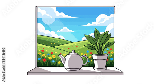A white teapot and a green potted plant on a windowsill overlooking a vibrant sunny landscape of hills and flowers.