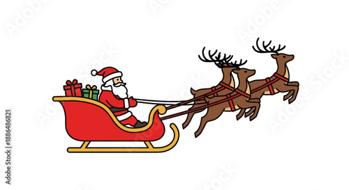 Santa Claus Riding a Red Sleigh Pulled by Reindeer.