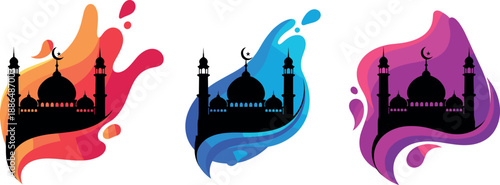 Abstract colorful paint splash Ramadan mosque vector illustration set for Islamic festival design