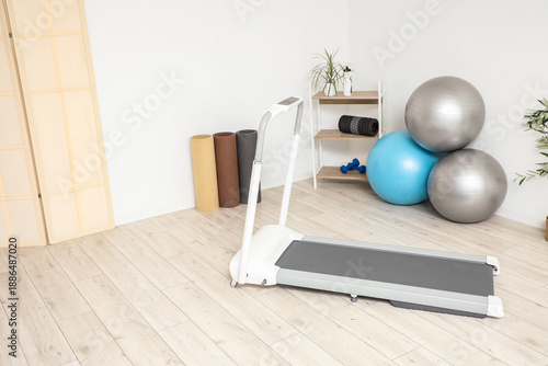 Interior of light gym with ...