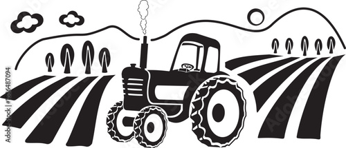 Vector sketch illustration silhouette design cartoon clipart of rural atmosphere with tractor plowing agricultural fields
