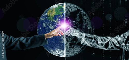 A human hand reaches toward a digital twin across Earth, symbolizing global connection between real and virtual worlds, artificial intelligence, and the future of digital transformation.