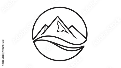 Minimalist mountain range with flowing water logo.