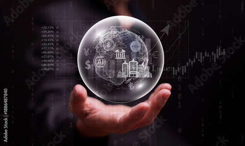 Billede på lærred Global economic bubble showing banks, AI, bitcoin, gold, real estate, and stock market icons inside a fragile sphere