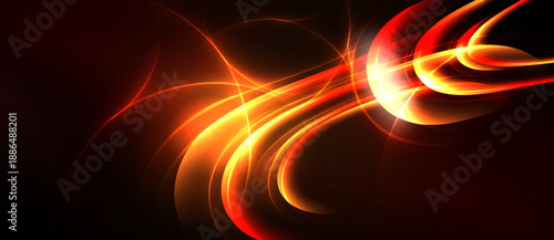 Abstract energy flows, vibrant redorange hues, dynamic curves. Dark background emphasizes glowing lines, creating dramatic visual impact.