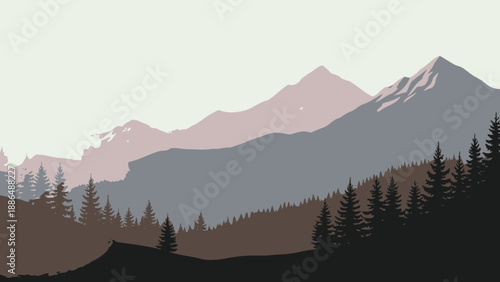 Mountains and trees in landscape scene.