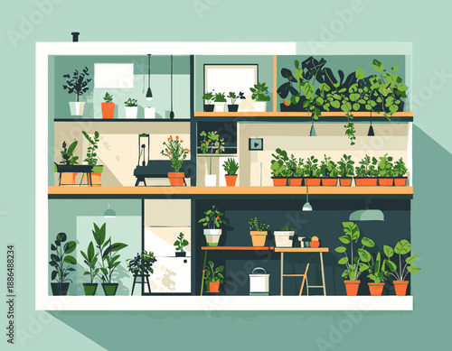 Minimal cutaway vector illustration of an apartment showing indoor plant growing area