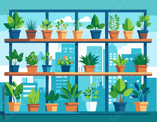Minimal vector illustration of plants growing on window shelves inside city apartment