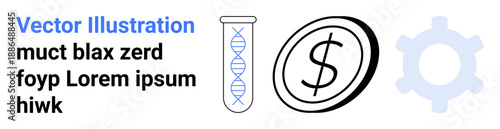 Biotechnology, financial systems, innovation, research funding, scientific advancements, industrial progress. DNA in a test tube, dollar coin gear icon. Biotechnology and financial systems