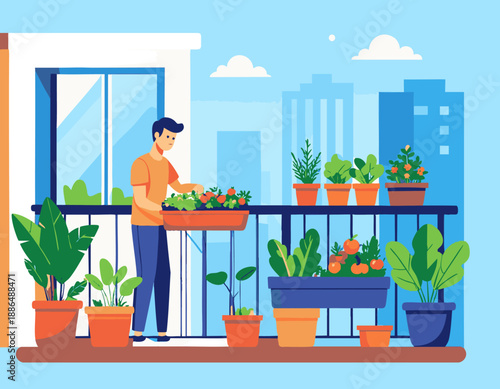 Simple flat vector illustration of urban farming on a small apartment balcony