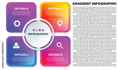 4-Option Creative Business Infographic Template. Vector Gradient Presentation Slide with Rounded Square Banners, Professional Strategy Icons, and Large Text Column