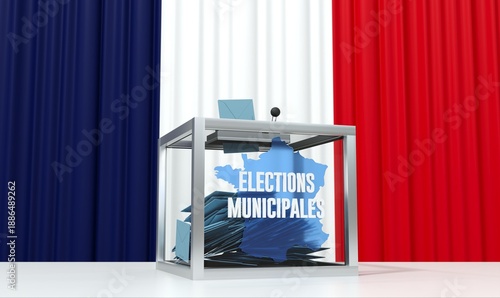 Urne remplie de bulletins de vote devant un drapeau Français pour les élections Municipales - rendu 3D