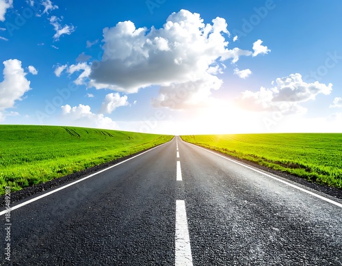 Asphalt road stretches toward the horizon, green fields on either side, under a bright blue sky with puffy clouds