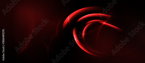 Abstract red lines, curves, glowing shapes dominate dark background. Modern design, dynamic energy, sleek visuals present.