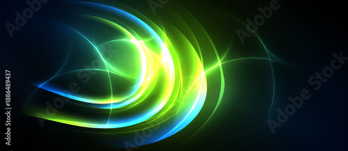 Bright luminous curves flow, creating dynamic abstract composition. Vivid greens, blues radiate against dark background. Energy, motion emphasized.