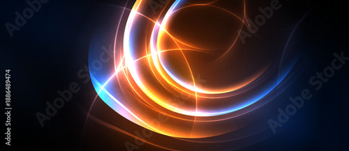 Abstract light swirls, orange, blue hues dominate. Dynamic energy radiates from central point, creating visual impact.