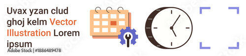 Time management, productivity planning, scheduling, workflow optimization, task organization, office training. Image shows a calendar, clock and gear. Time management and productivity concept