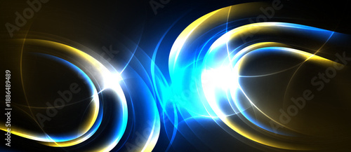 Abstract energy flows, vibrant blue, gold hues. Circular patterns radiate light, creating dynamic visual effect. Dark background emphasizes luminosity.