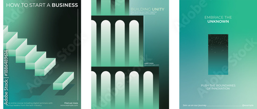 Three modern posters with abstract designs. Green and blue tones dominate. Themes: unity, innovation, business. Minimalist style, futuristic feel, abstract art. Gradient innovative business posters.