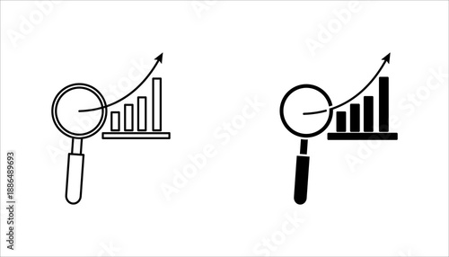 Outline icon set. of a magnifying glass with rising bar chart and arrow, representing business analysis, growth, performance tracking, and data research.