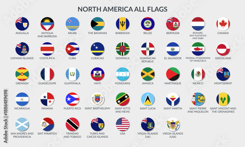 All flags of North America countries. Set of vector cliparts in flat style.