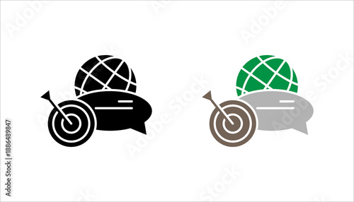  icon set.  representing global communication, internet connection, and digital networking using globe and chat bubble symbols.