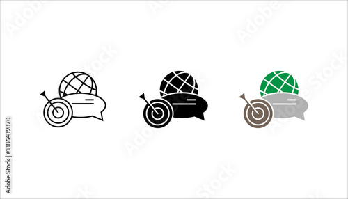  icon set.  representing global communication, internet connection, and digital networking using globe and chat bubble symbols.