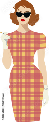 Woman in plaid dress with sunglasses and cigarette