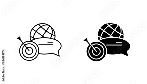  icon set.  representing global communication, internet connection, and digital networking using globe and chat bubble symbols.