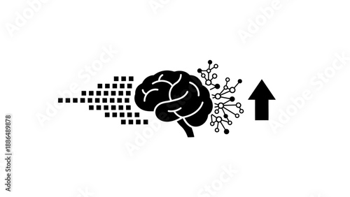 Artificial intelligence brain with data input and growth arrow.