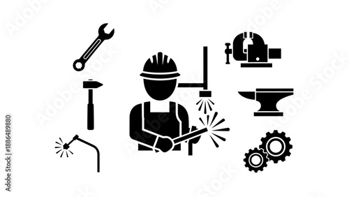 Welder working with tools and equipment illustration.