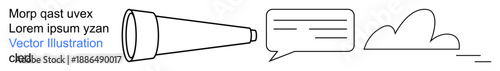 Communication, exploration, digital messaging, connectivity, idea sharing, creativity. Minimalistic ion of a telescope, speech bubble and cloud. Communication and exploration concept