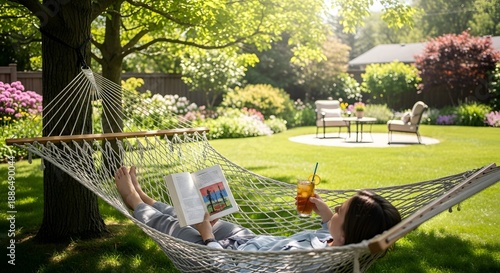 Person relaxing in a white hammock reading a book and holding a drink in a lush garden