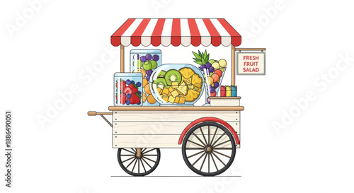 Colorful Fresh Fruit Salad Cart with Striped Awning Illustration.