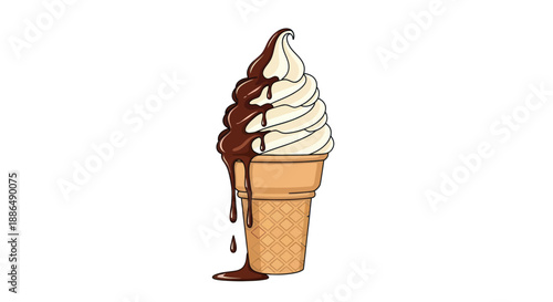 Delicious soft-serve ice cream cone drizzled with rich chocolate sauce.