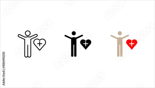 Simple silhouette icon set. representing healthcare support, wellness, and medical assistance with heart symbol. Ideal for medical services, health insurance, and wellness applications.