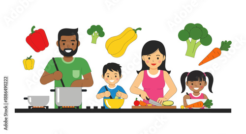 Diverse Family Cooking Together with Fresh Vegetables and Ingredients.